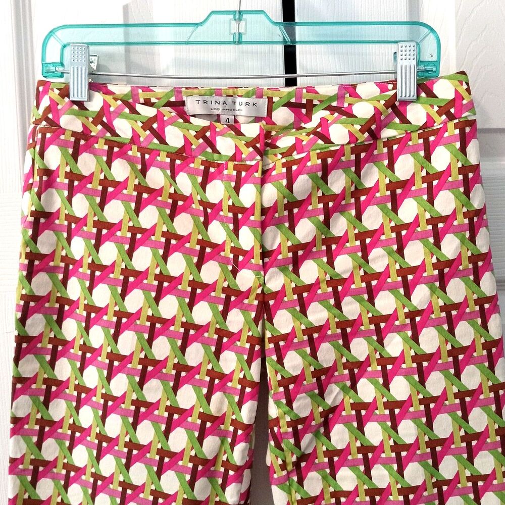 Trina Turk Size 4 Lulu Pant Cropped Flare Mod Trellis Pattern Pink Green Brown